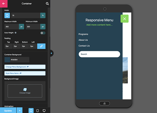 Mobile menu container settings