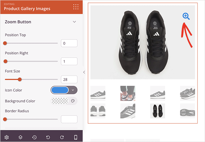product-gallery-images-zoom-settings - SeedProd Product Gallery block zoom icon settings