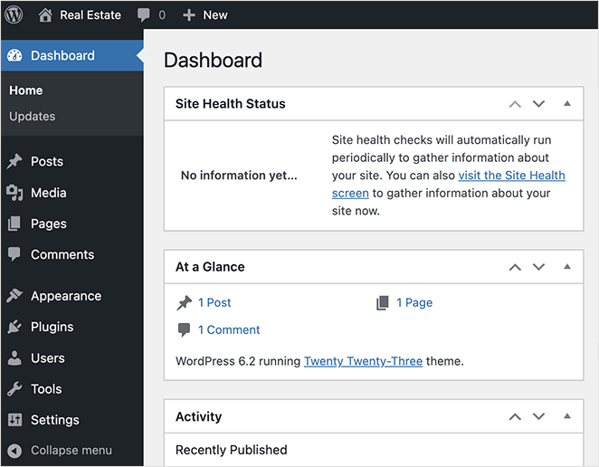 WordPress admin area dashboard