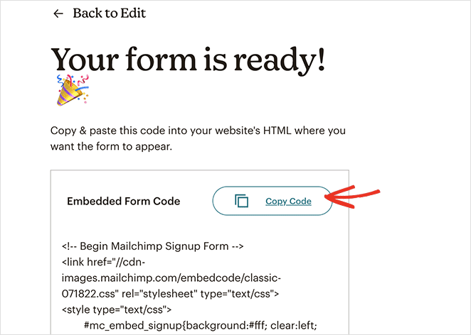 Copy mailchimp embed code