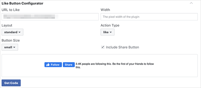 Facebook like button configuration page