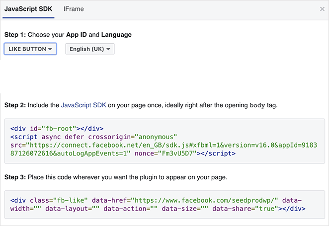 Facebook like button embed code snippets