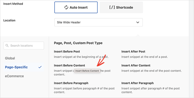 Insert snippet before content