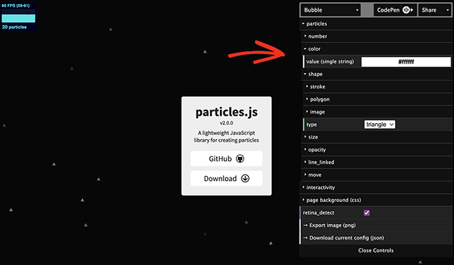 Particle.js configuration