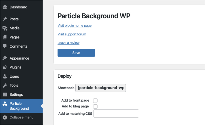 Particle Background WP settings