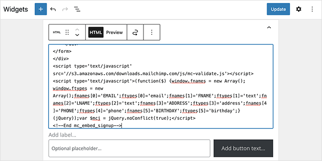 Paste mailchimp form embed code WordPress 