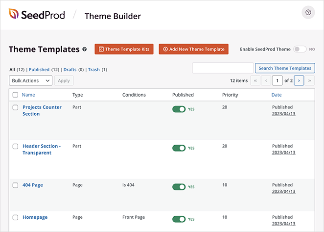 Parties du modèle de thème WordPres dans SeedProd