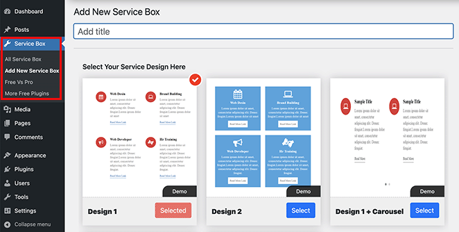 add new service box WordPress