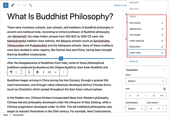 Choose your WordPress post default typography tools 