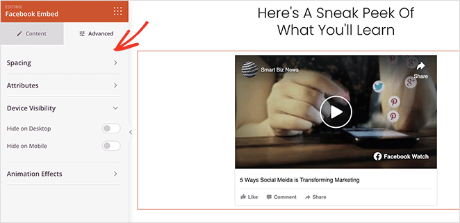 Advanced Facebook video embed settings