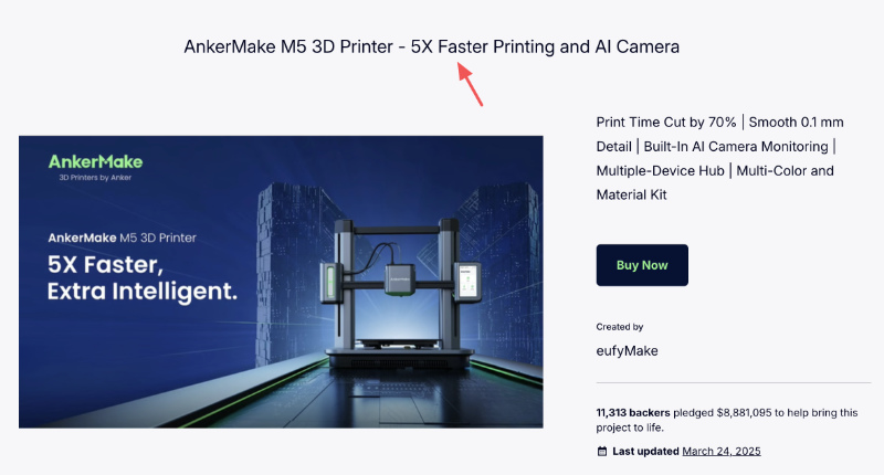 Page de destination Kickstarter AnkerMake M5 avec une affirmation mesurable au-dessus de la ligne de flottaison