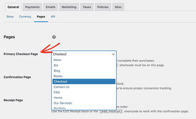 Easy Digital Downloads assign custom checkout page