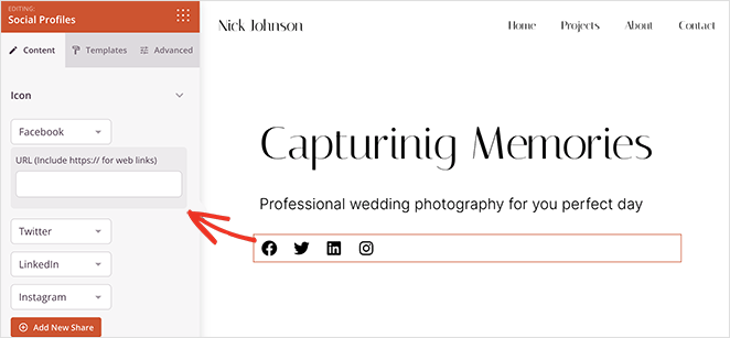 Customize photography website social media icons