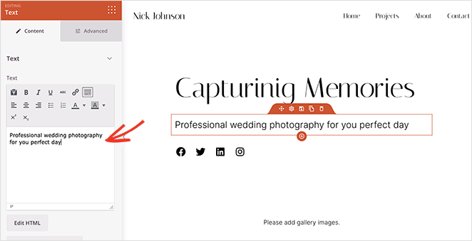 Customize photography website text content