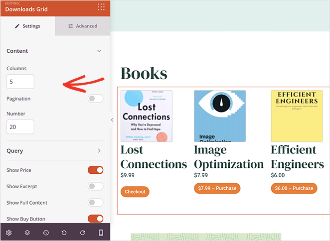 Easy Digital Downloads grid block settings