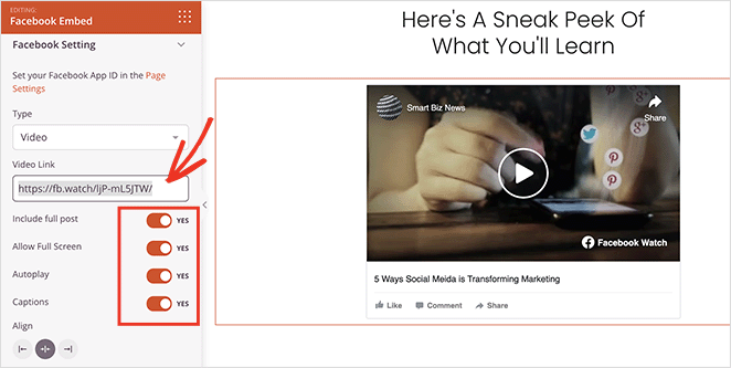 Facebook video embed settings