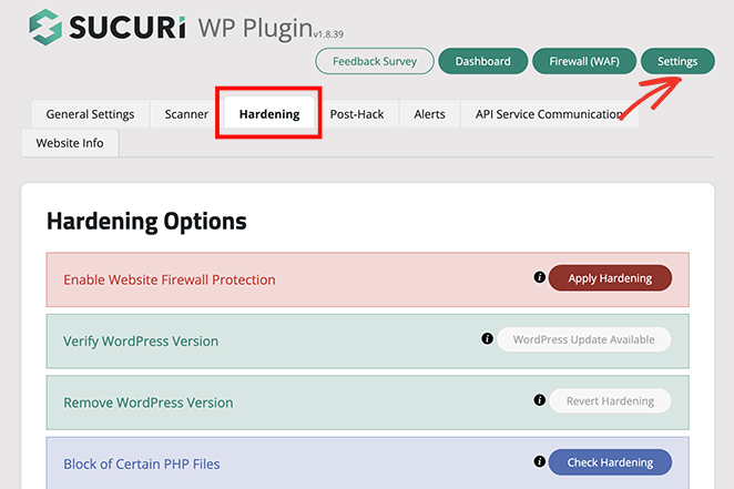 Sucuri hardening settings WordPress 
