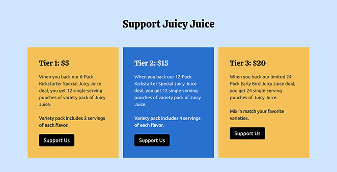 Récompenses et CTA de la page d'atterrissage de Kickstarter