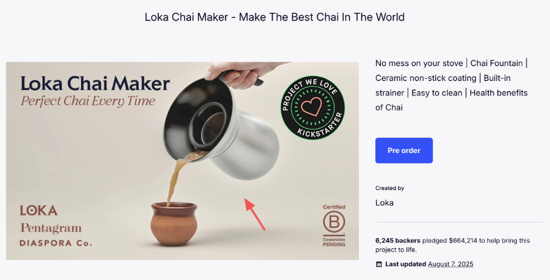 Page de destination Kickstarter Loka Chai Maker avec une forte imagerie lifestyle