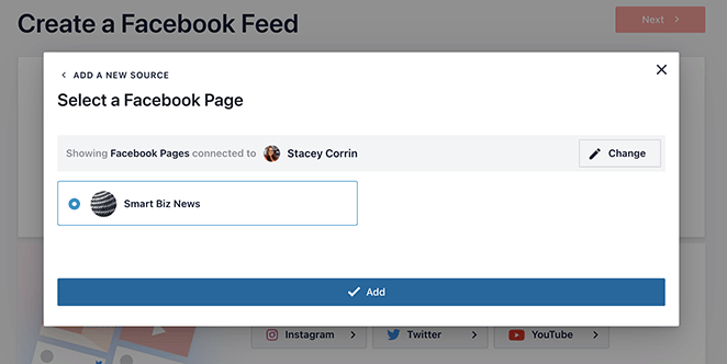 Select a Facebook page to embed