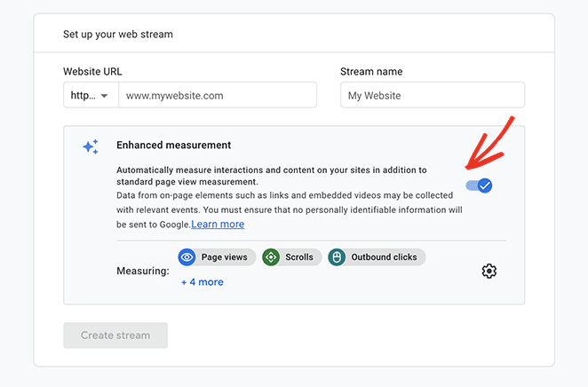 Enter your website details and turn off enhanced measurement