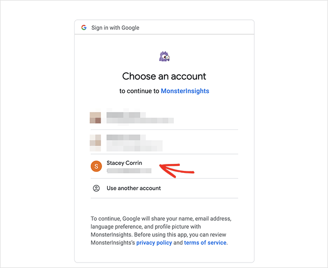 Choose a google account to connect