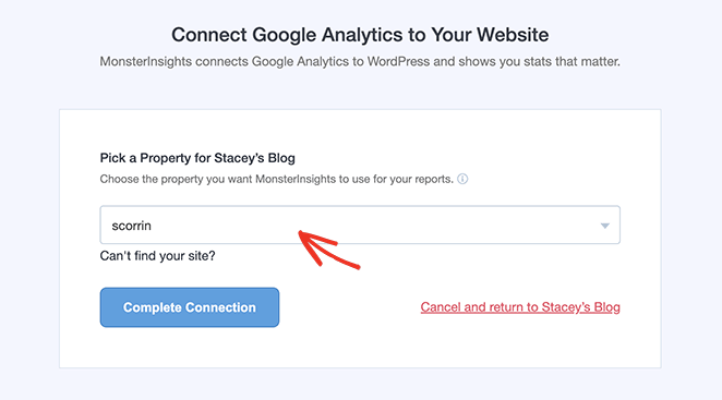 Choose your Google Analytics property to connect Google Analytics to your website