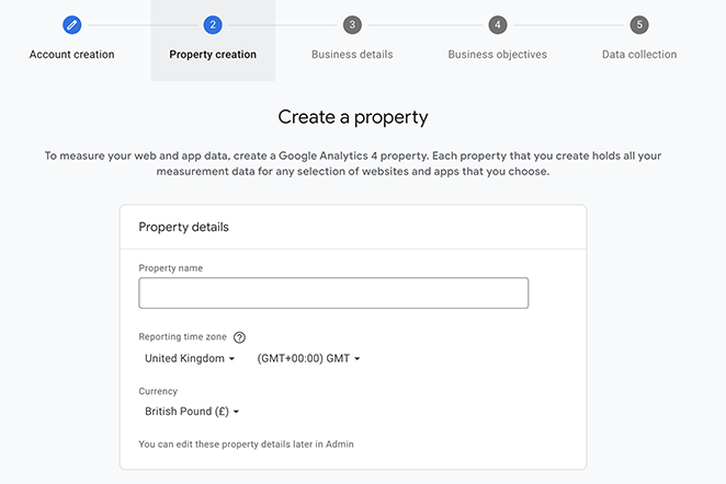 Create a Google Analytics property