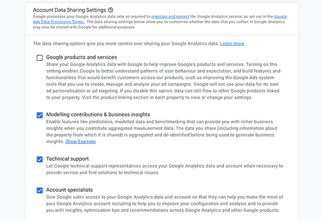 Confirm Google Analytics account data sharing settings
