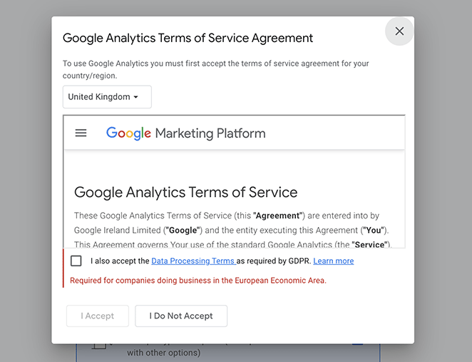 Google Analytics terms of service agreement