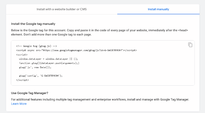 Installing Google Analytics tracking code manually in WPCode