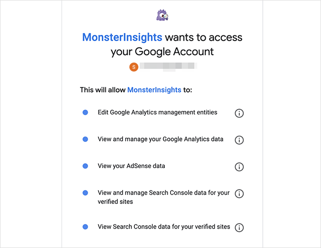 Edit MonsterInsights access to Google Account