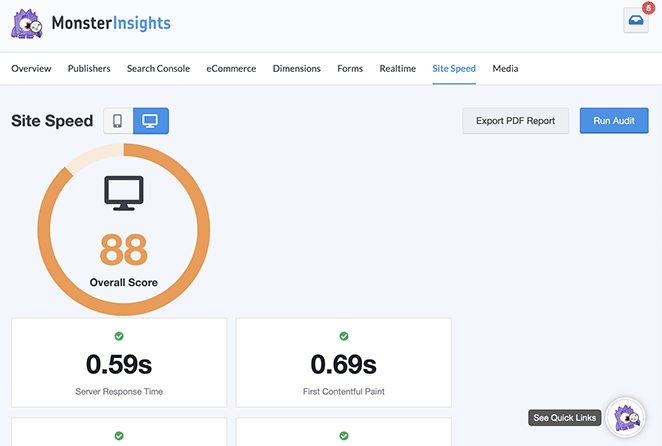 MonsterInsights site speed report