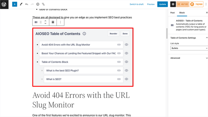 Table of Contents block WordPress