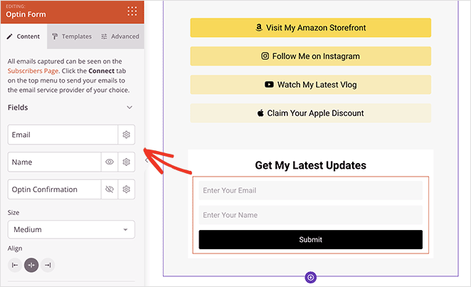 Opt-in Form Block settings