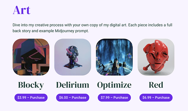 Example of selling digital art online with SeedProd's EDD blocks