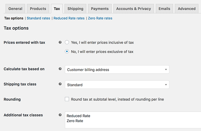 WooCommerce tax settings