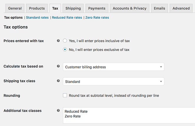 Paramètres de taxe WooCommerce