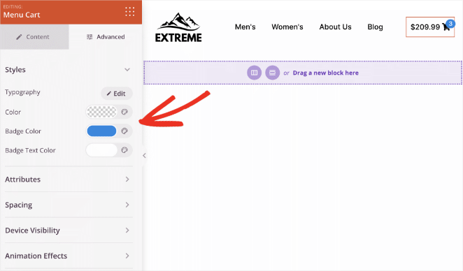 Advanced menu cart block settings