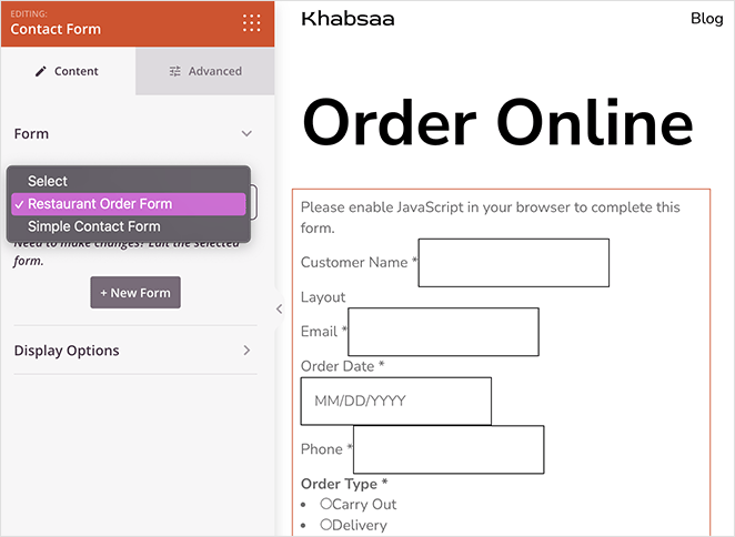 Restaurant order form