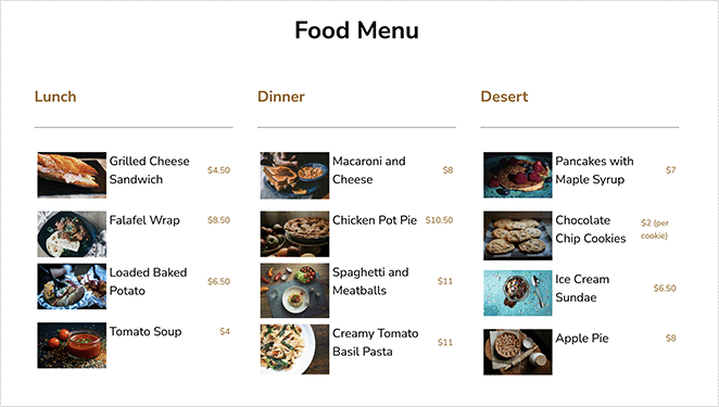 how to design a restaurant website menu page