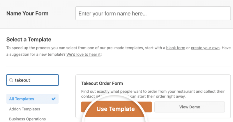 WPForms takeout order form template