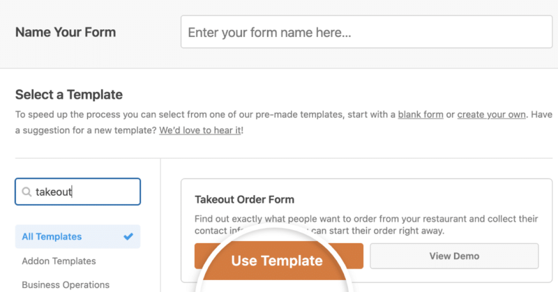 Modèle de formulaire de commande de plats à emporter WPForms