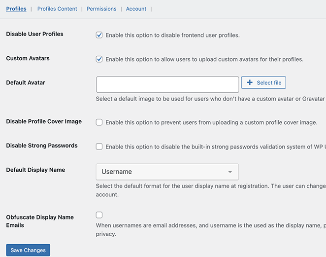 WP User Manger Profiles settings