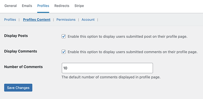 WP User Manager Profiles Content settings