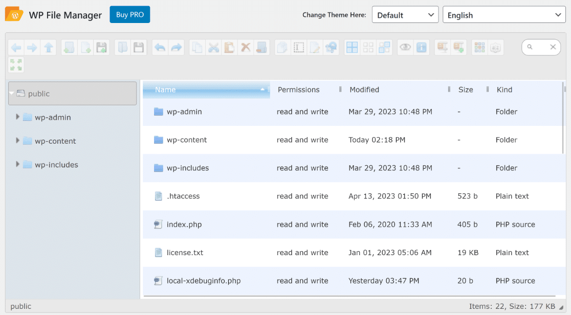 WordPress File Manager plugin dashboard