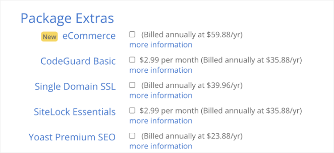 Bluehost package extras