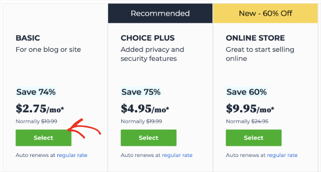 Select a bluehost plan