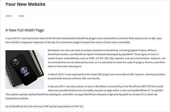 Screenshot showing the final result of how to make a page full width in WordPress with a custom template.