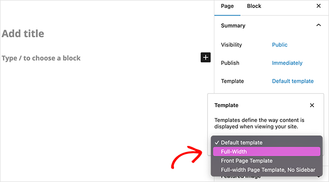 Screenshot showing the new custom full-width page template in WordPress 